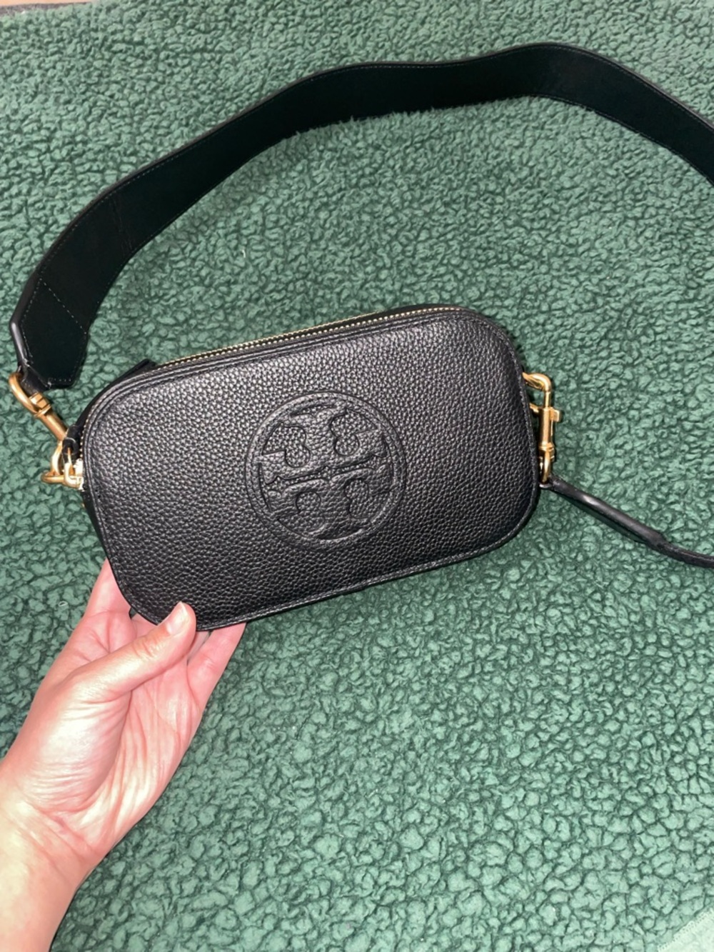 Tory Burch Black Pebbled Leather Logo Crossbody with Gold Hardware